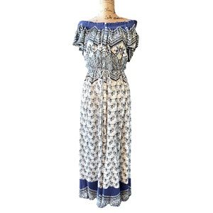 Patrons of Peace Medium Blue Off-White Print Maxi Dress